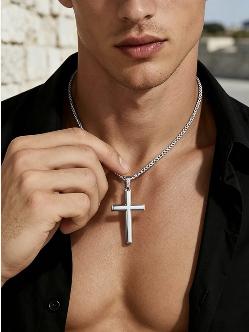 18" Sterling Silver Cross Pendant And Stainless Steel Wheat Chain Necklace - Picture 2 of 8